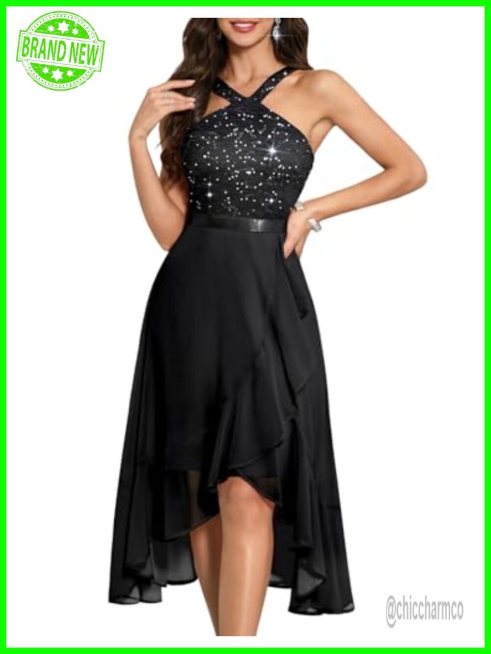Sequin Halter Hi-Lo Chiffon Formal Dress